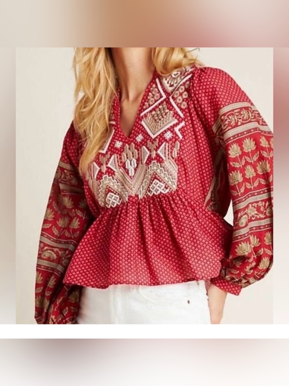 Anthropologie Keira Embroidered
Peplum Blouse Top